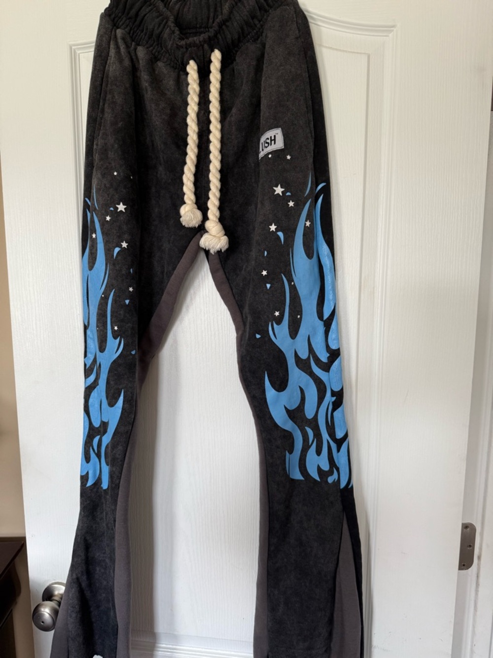Black Sweatpants with Blue Flame Print Rope Drawstring